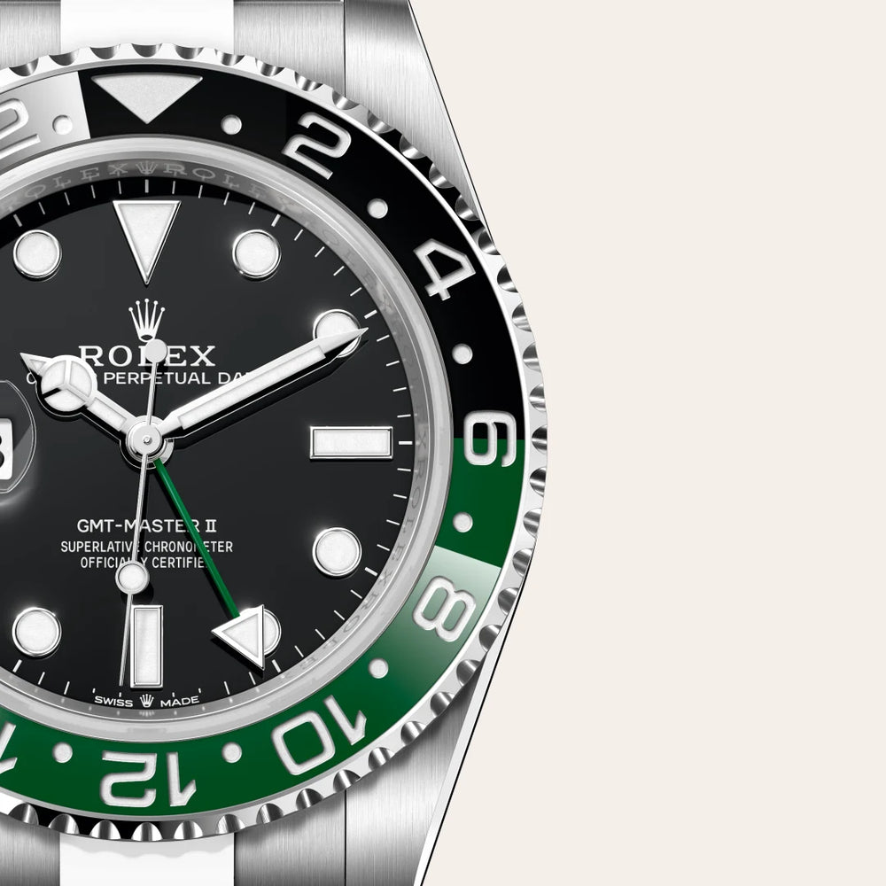 Rolex GMT-Master II in Oystersteel with a Black dial, Bidirectional rotatable 24-hour graduated bezel. Two-colour green and black Cerachrom insert in ceramic, moulded numerals and graduations bezel, Oyster, three-piece solid links bracelet