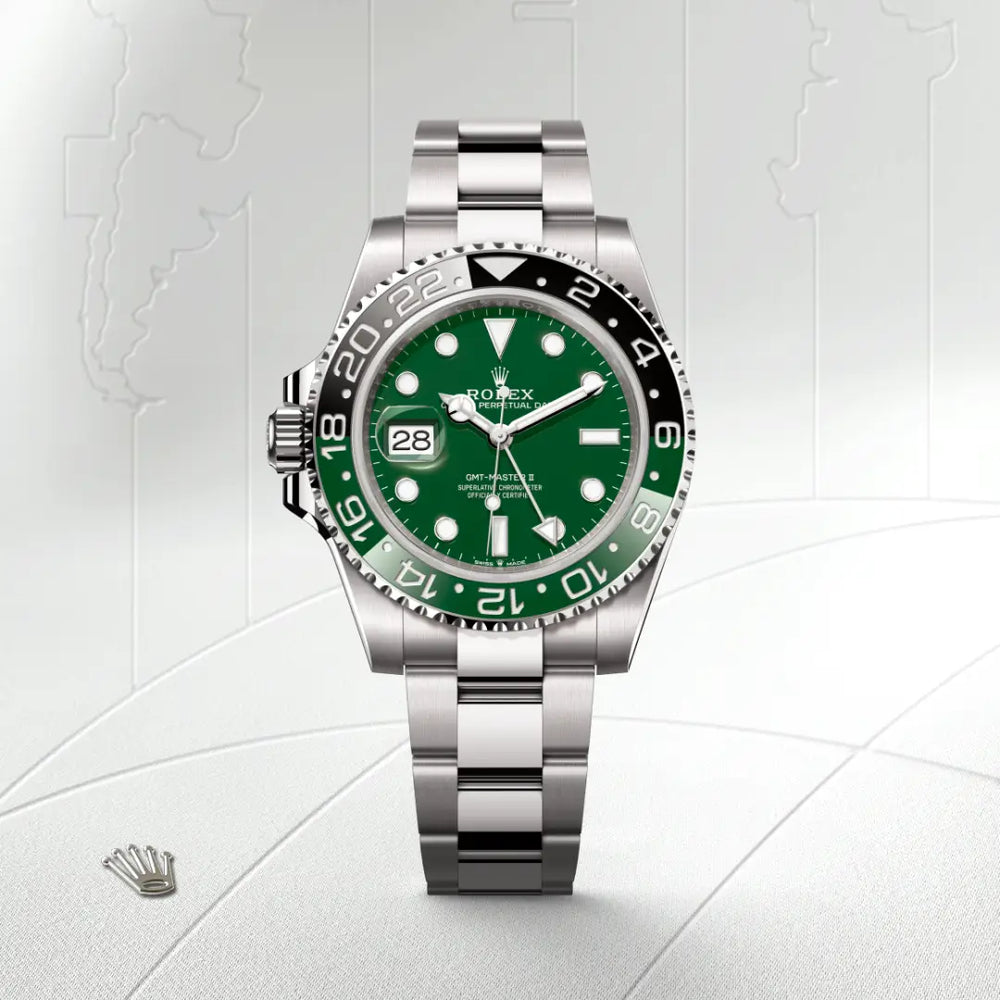 Rolex GMT-Master II in 18 ct white gold with a Green ceramic dial, Bidirectional rotatable 24-hour graduated bezel. Two-colour green and black Cerachrom insert in ceramic, moulded numerals and graduations bezel, Oyster, three-piece solid links bracelet
