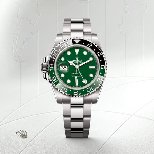 Rolex GMT-Master II in 18 ct white gold with a Green ceramic dial, Bidirectional rotatable 24-hour graduated bezel. Two-colour green and black Cerachrom insert in ceramic, moulded numerals and graduations bezel, Oyster, three-piece solid links bracelet