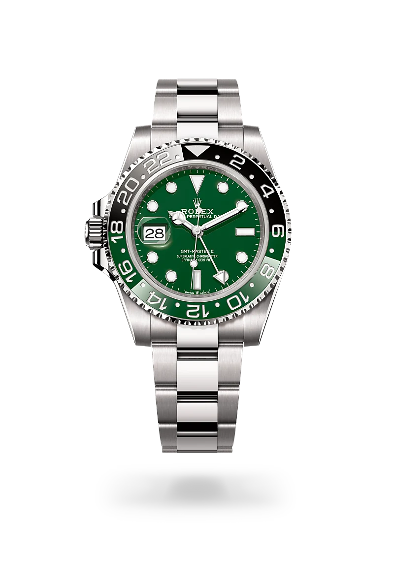 Rolex GMT-Master II in 18 ct white gold with a Green ceramic dial, Bidirectional rotatable 24-hour graduated bezel. Two-colour green and black Cerachrom insert in ceramic, moulded numerals and graduations bezel, Oyster, three-piece solid links bracelet