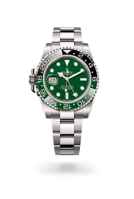 Rolex GMT-Master II in 18 ct white gold with a Green ceramic dial, Bidirectional rotatable 24-hour graduated bezel. Two-colour green and black Cerachrom insert in ceramic, moulded numerals and graduations bezel, Oyster, three-piece solid links bracelet