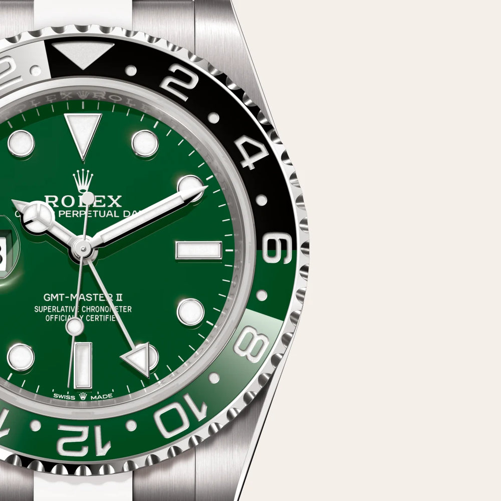 Rolex GMT-Master II in 18 ct white gold with a Green ceramic dial, Bidirectional rotatable 24-hour graduated bezel. Two-colour green and black Cerachrom insert in ceramic, moulded numerals and graduations bezel, Oyster, three-piece solid links bracelet