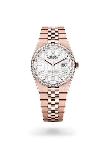 Rolex Land-Dweller 36 in 18 ct Everose gold with a Intense white, honeycomb motif set with diamonds dial, Set with diamonds bezel, Flat Jubilee, five-piece solid links bracelet