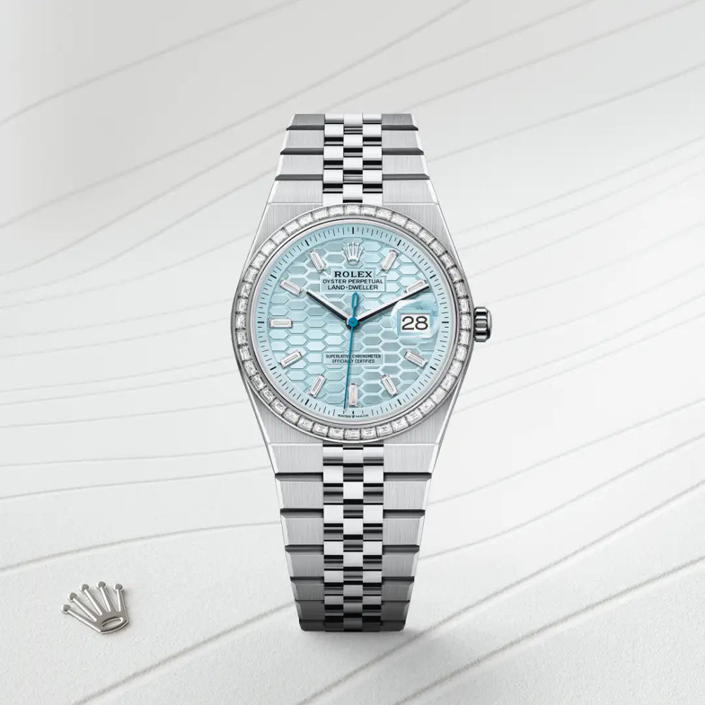 Rolex Land-Dweller 36 in Platinum with a Ice blue, honeycomb motif set with diamonds dial, Set with diamonds bezel, Flat Jubilee, five-piece solid links bracelet