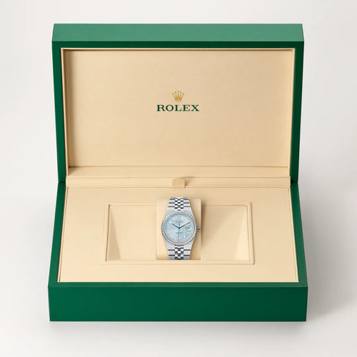 Rolex Land-Dweller 36 in Platinum with a Ice blue, honeycomb motif set with diamonds dial, Set with diamonds bezel, Flat Jubilee, five-piece solid links bracelet