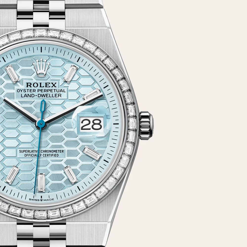 Rolex Land-Dweller 36 in Platinum with a Ice blue, honeycomb motif set with diamonds dial, Set with diamonds bezel, Flat Jubilee, five-piece solid links bracelet
