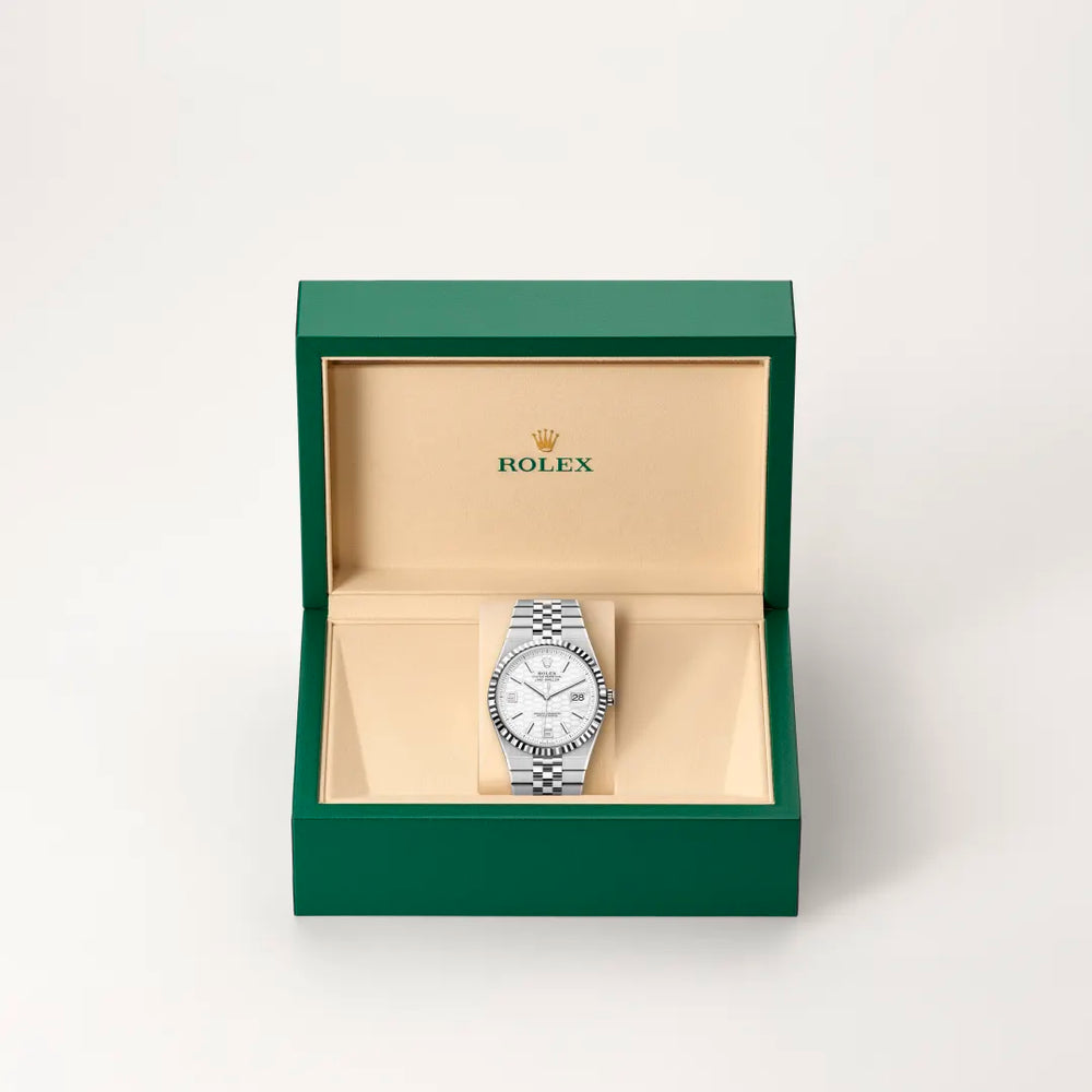 Rolex Land-Dweller 40 in White Rolesor - combination of Oystersteel and white gold with a Intense white, honeycomb motif dial, Fluted bezel, Flat Jubilee, five-piece solid links bracelet