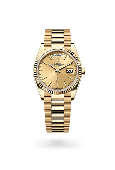 Rolex Day-Date 36 in 18 ct yellow gold with a Champagne-colour dial, Fluted bezel, President, semi-circular three-piece links bracelet