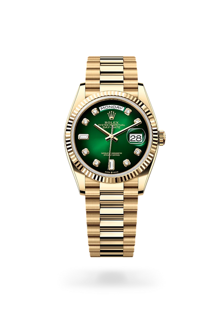 Rolex Day-Date 36 in 18 ct yellow gold with a Green ombré set with diamonds dial, Fluted bezel, President, semi-circular three-piece links bracelet