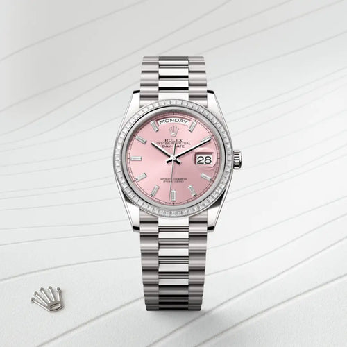Rolex Day-Date 36 in 18 ct white gold with a Pink set with diamonds dial, Set with diamonds bezel, President, semi-circular three-piece links bracelet