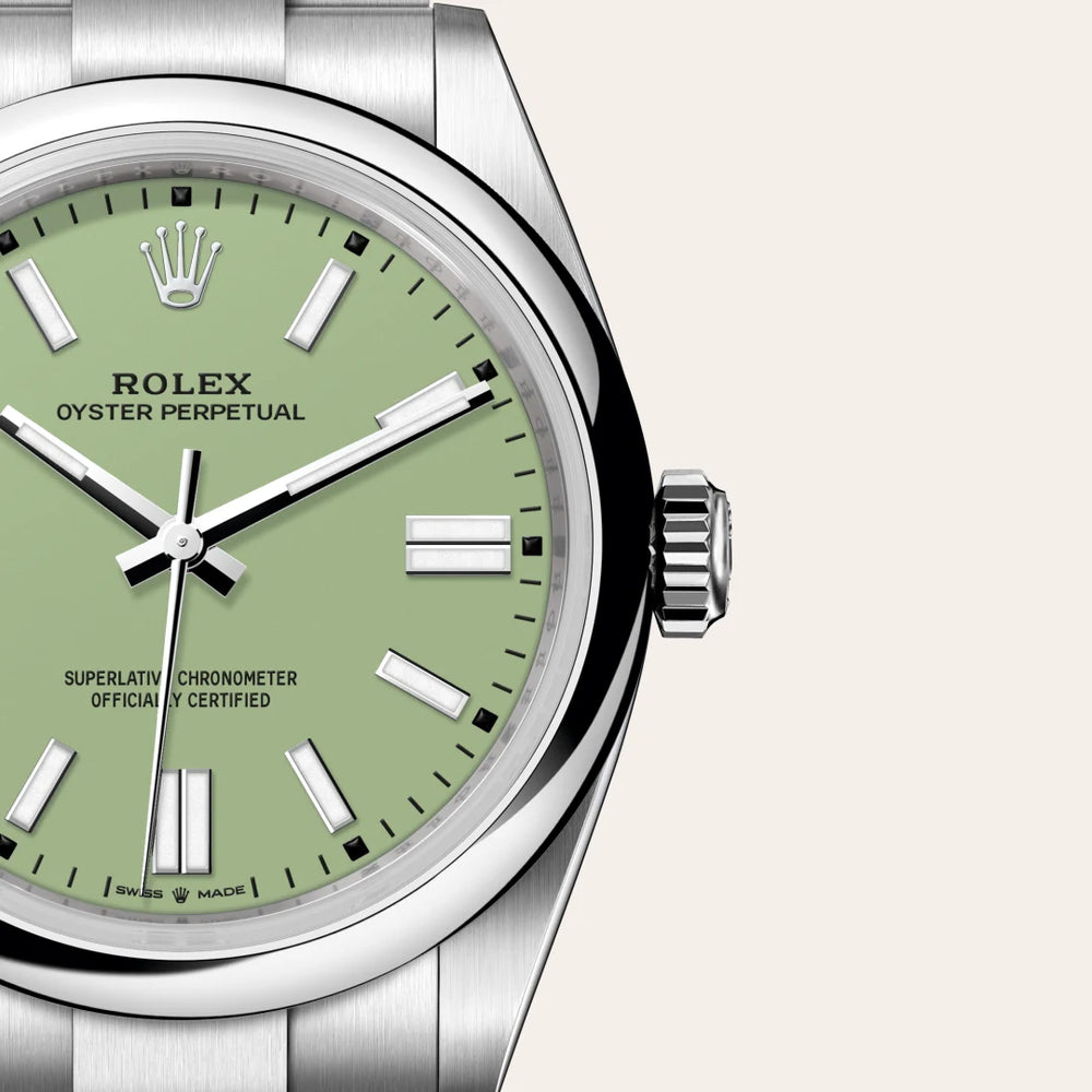 Rolex Oyster Perpetual 41 in Oystersteel with a Pistachio dial, Domed bezel, Oyster, three-piece solid links bracelet