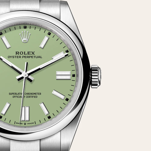 Rolex Oyster Perpetual 41 in Oystersteel with a Pistachio dial, Domed bezel, Oyster, three-piece solid links bracelet