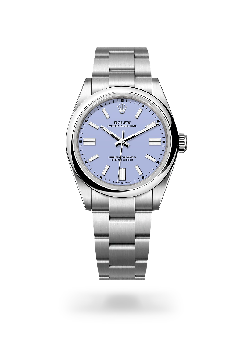 Rolex Oyster Perpetual 41 in Oystersteel with a Lavender dial, Domed bezel, Oyster, three-piece solid links bracelet
