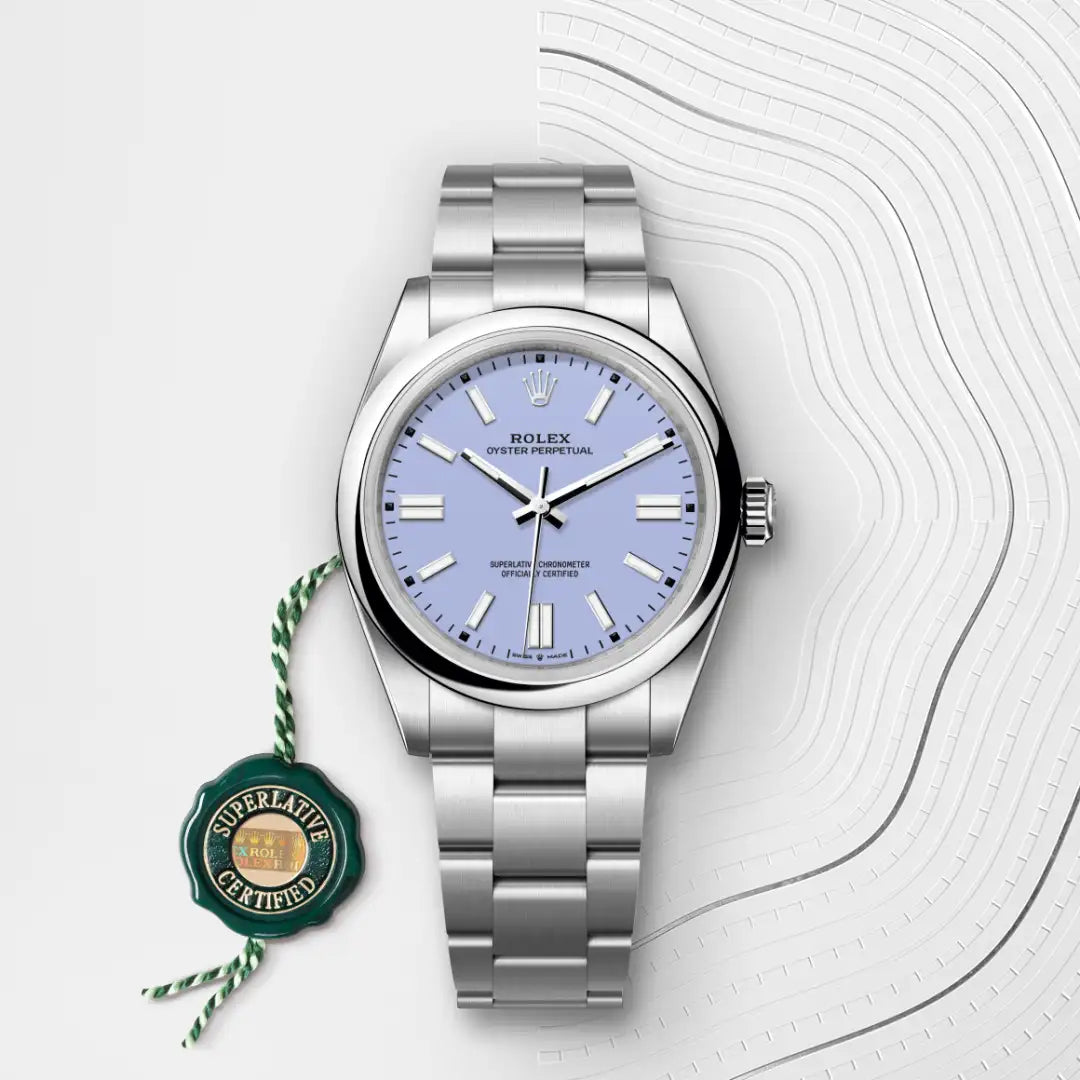 Rolex Oyster Perpetual 41 in Oystersteel with a Lavender dial, Domed bezel, Oyster, three-piece solid links bracelet