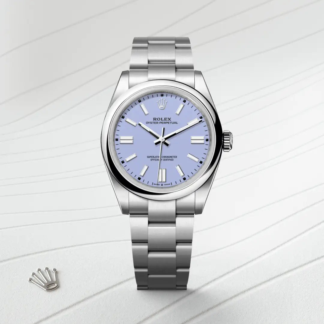 Rolex Oyster Perpetual 41 in Oystersteel with a Lavender dial, Domed bezel, Oyster, three-piece solid links bracelet