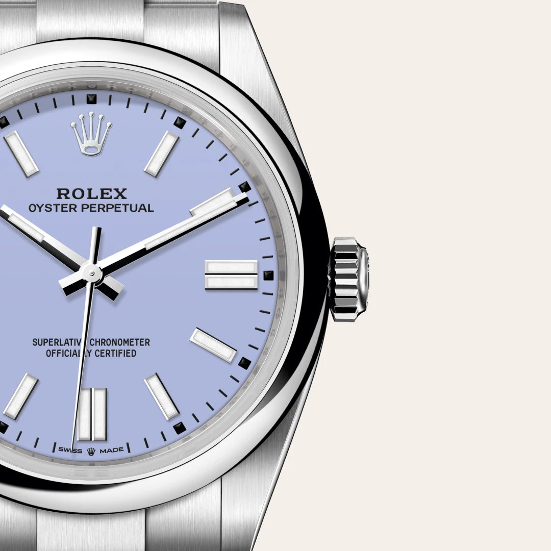 Rolex Oyster Perpetual 41 in Oystersteel with a Lavender dial, Domed bezel, Oyster, three-piece solid links bracelet
