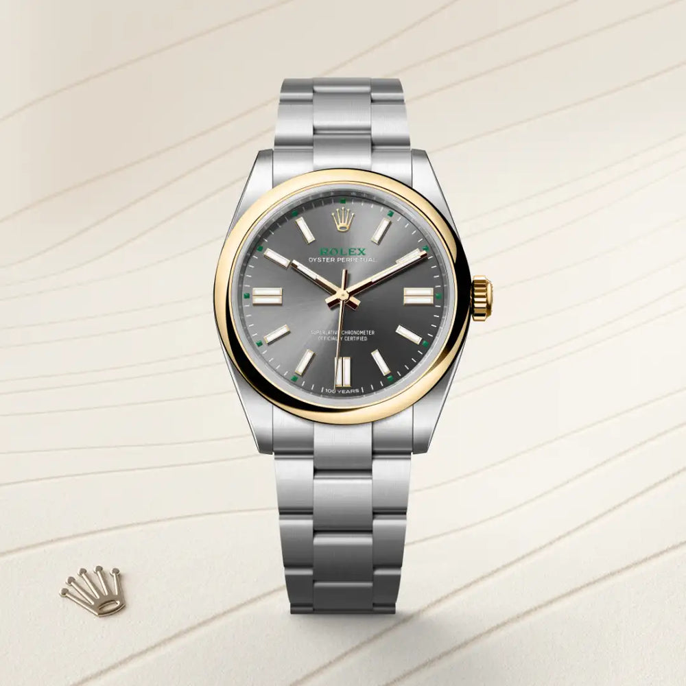 Rolex Oyster Perpetual 41 in Yellow Rolesor - combination of Oystersteel and yellow gold with a Slate dial, Domed bezel, Oyster, three-piece solid links bracelet