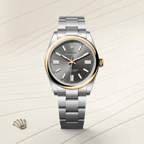 Rolex Oyster Perpetual 41 in Yellow Rolesor - combination of Oystersteel and yellow gold with a Slate dial, Domed bezel, Oyster, three-piece solid links bracelet
