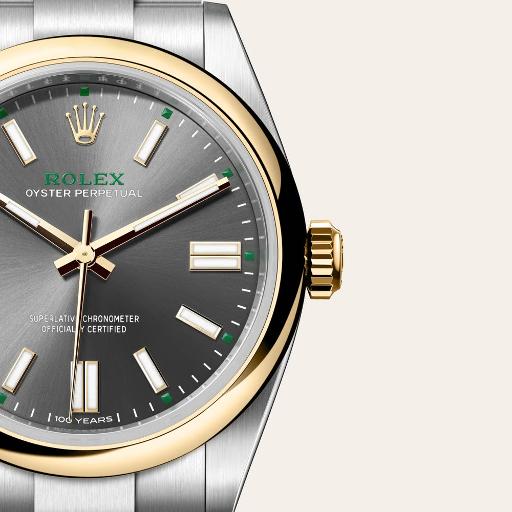 Rolex Oyster Perpetual 41 in Yellow Rolesor - combination of Oystersteel and yellow gold with a Slate dial, Domed bezel, Oyster, three-piece solid links bracelet