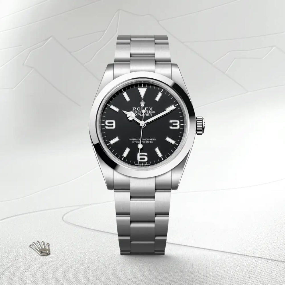 Rolex Explorer 40 in Oystersteel with a Black dial, Smooth bezel, Oyster, three-piece solid links bracelet