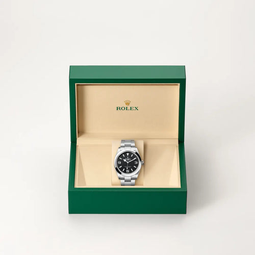 Rolex Explorer 40 in Oystersteel with a Black dial, Smooth bezel, Oyster, three-piece solid links bracelet