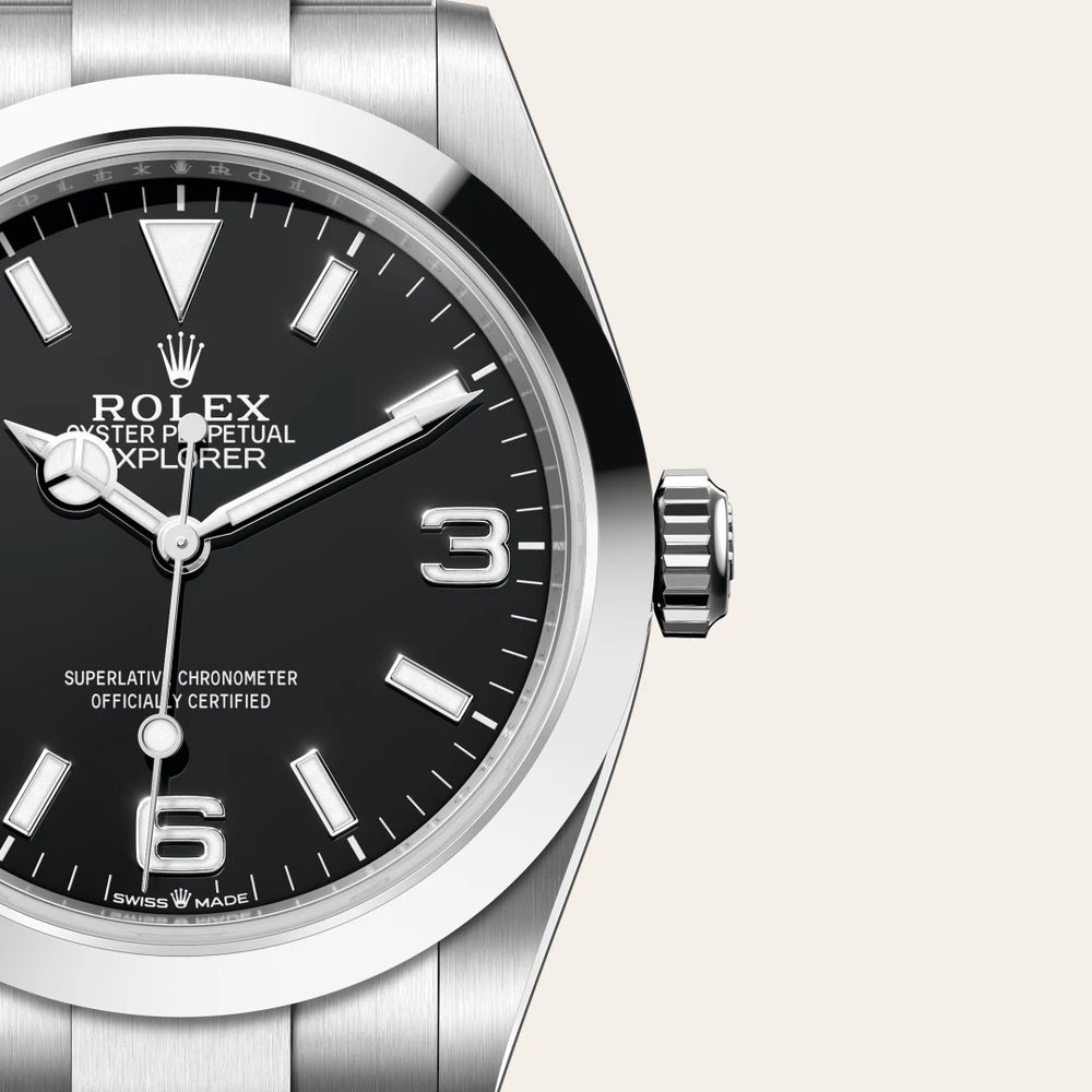 Rolex Explorer 40 in Oystersteel with a Black dial, Smooth bezel, Oyster, three-piece solid links bracelet