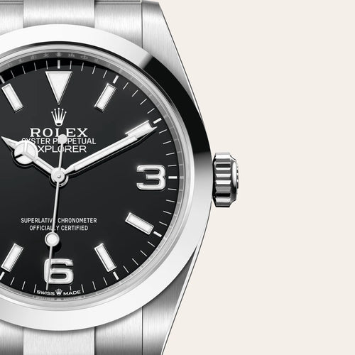 Rolex Explorer 40 in Oystersteel with a Black dial, Smooth bezel, Oyster, three-piece solid links bracelet
