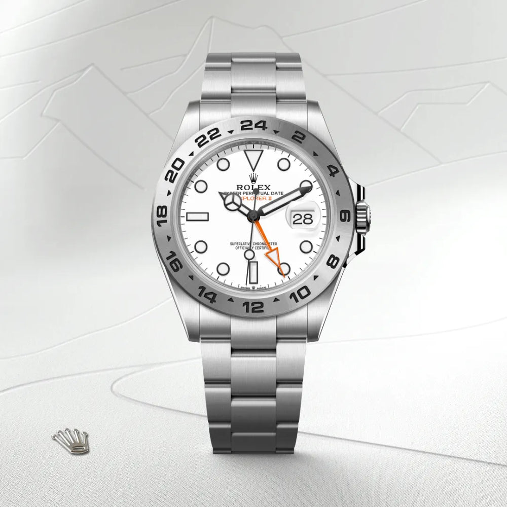 Rolex Explorer II in Oystersteel with a White dial, Fixed, 24-hour graduated bezel, Oyster, three-piece solid links bracelet