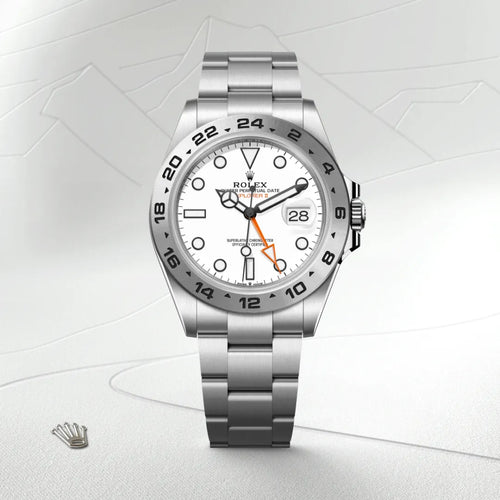 Rolex Explorer II in Oystersteel with a White dial, Fixed, 24-hour graduated bezel, Oyster, three-piece solid links bracelet