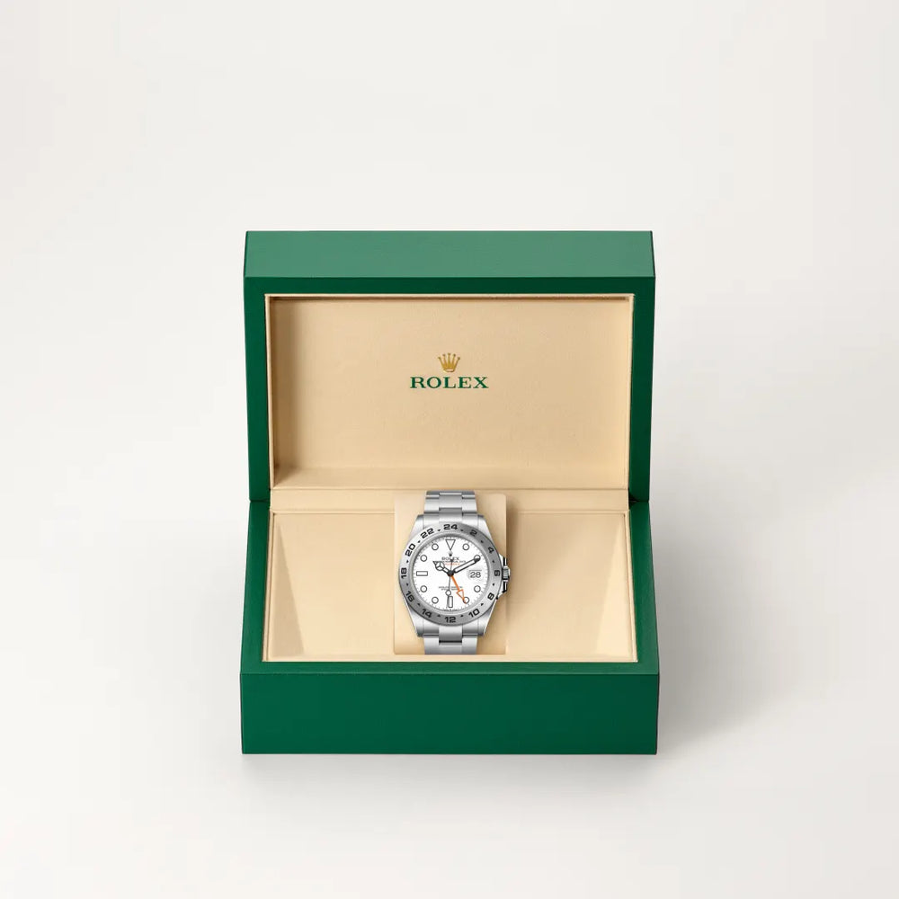Rolex Explorer II in Oystersteel with a White dial, Fixed, 24-hour graduated bezel, Oyster, three-piece solid links bracelet