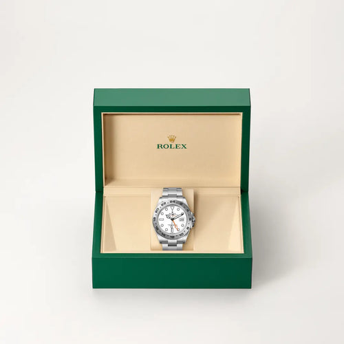 Rolex Explorer II in Oystersteel with a White dial, Fixed, 24-hour graduated bezel, Oyster, three-piece solid links bracelet