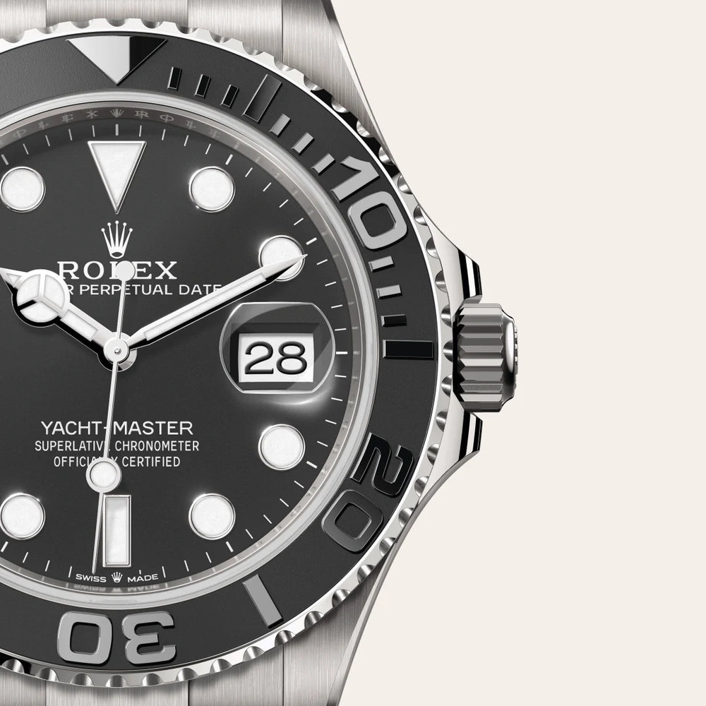Rolex Yacht-Master 42 in RLX titanium with a Intense black dial, Bidirectional rotatable 60-minute graduated bezel with matt black Cerachrom insert in ceramic, polished raised numerals and graduations bezel, Oyster, three-piece solid links bracelet