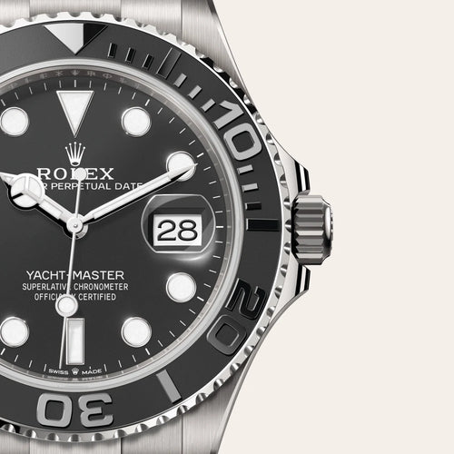 Rolex Yacht-Master 42 in RLX titanium with a Intense black dial, Bidirectional rotatable 60-minute graduated bezel with matt black Cerachrom insert in ceramic, polished raised numerals and graduations bezel, Oyster, three-piece solid links bracelet
