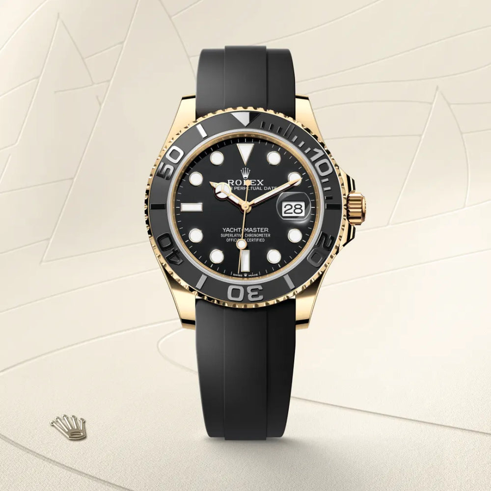 Rolex Yacht-Master 42 in 18 ct yellow gold with a Black dial, Bidirectional rotatable 60-minute graduated bezel with matt black Cerachrom insert in ceramic, polished raised numerals and graduations bezel, Oysterflex bracelet