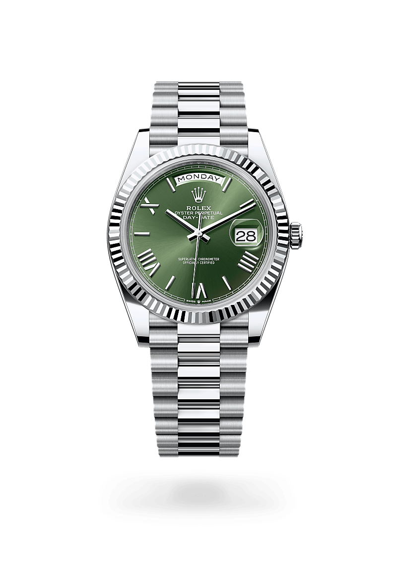 Rolex Day-Date 40 in Platinum with a Olive green dial, Fluted bezel, President, semi-circular three-piece links bracelet