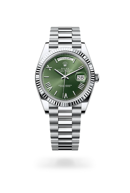 Rolex Day-Date 40 in Platinum with a Olive green dial, Fluted bezel, President, semi-circular three-piece links bracelet