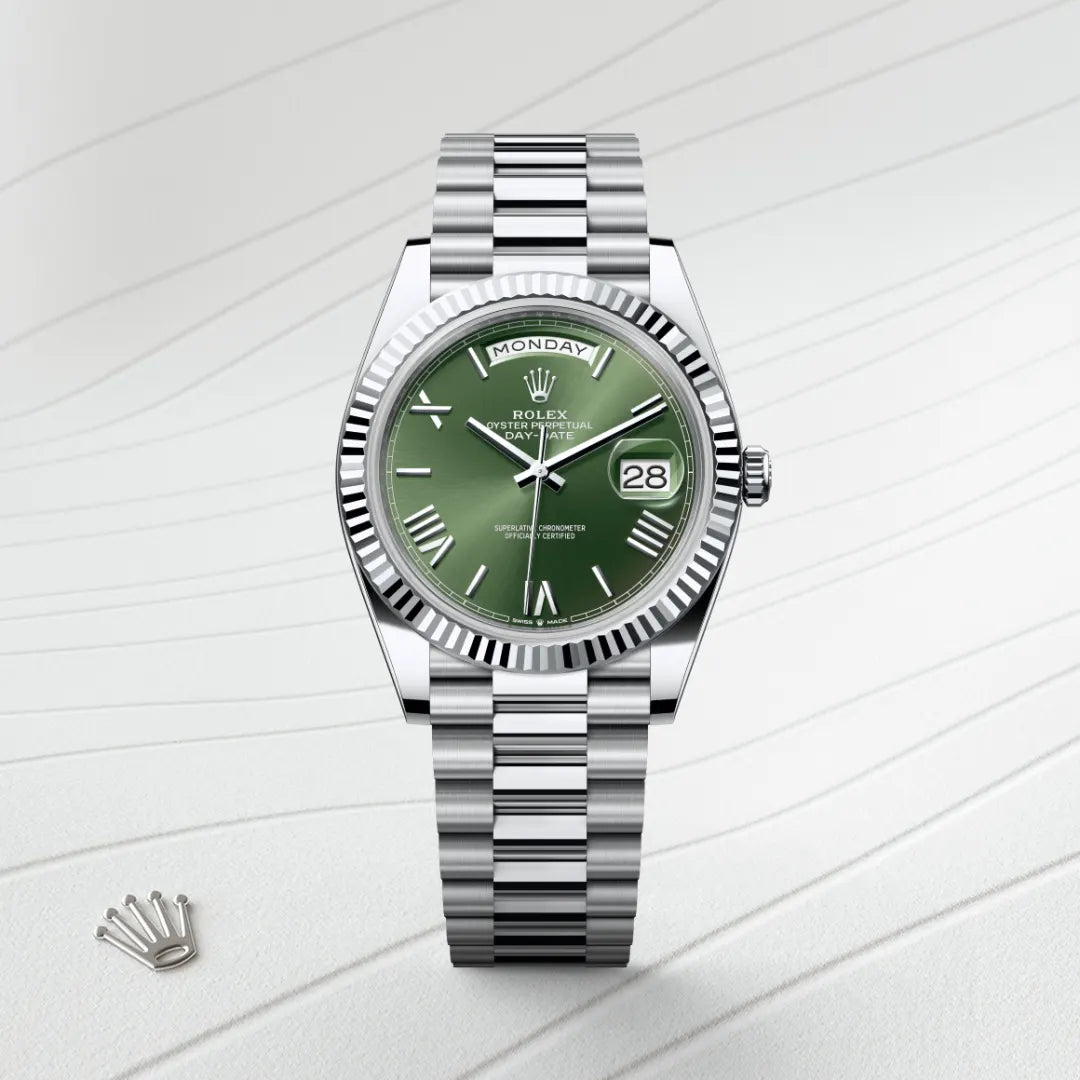 Rolex Day-Date 40 in Platinum with a Olive green dial, Fluted bezel, President, semi-circular three-piece links bracelet