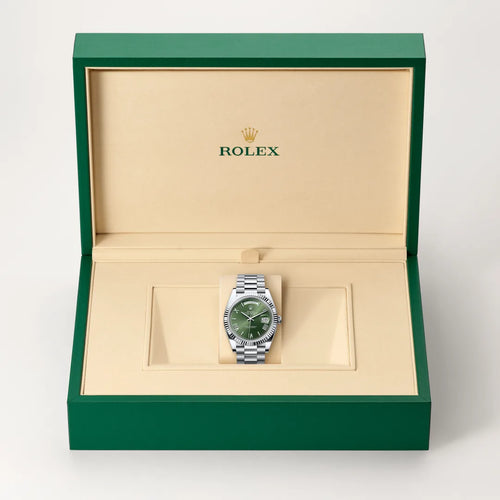 Rolex Day-Date 40 in Platinum with a Olive green dial, Fluted bezel, President, semi-circular three-piece links bracelet