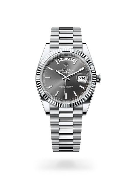 Rolex Day-Date 40 in Platinum with a Slate dial, Fluted bezel, President, semi-circular three-piece links bracelet