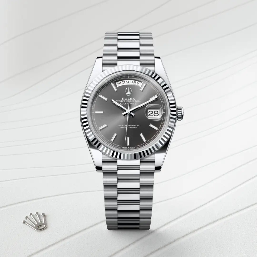 Rolex Day-Date 40 in Platinum with a Slate dial, Fluted bezel, President, semi-circular three-piece links bracelet