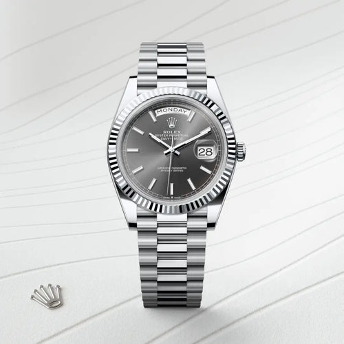 Rolex Day-Date 40 in Platinum with a Slate dial, Fluted bezel, President, semi-circular three-piece links bracelet