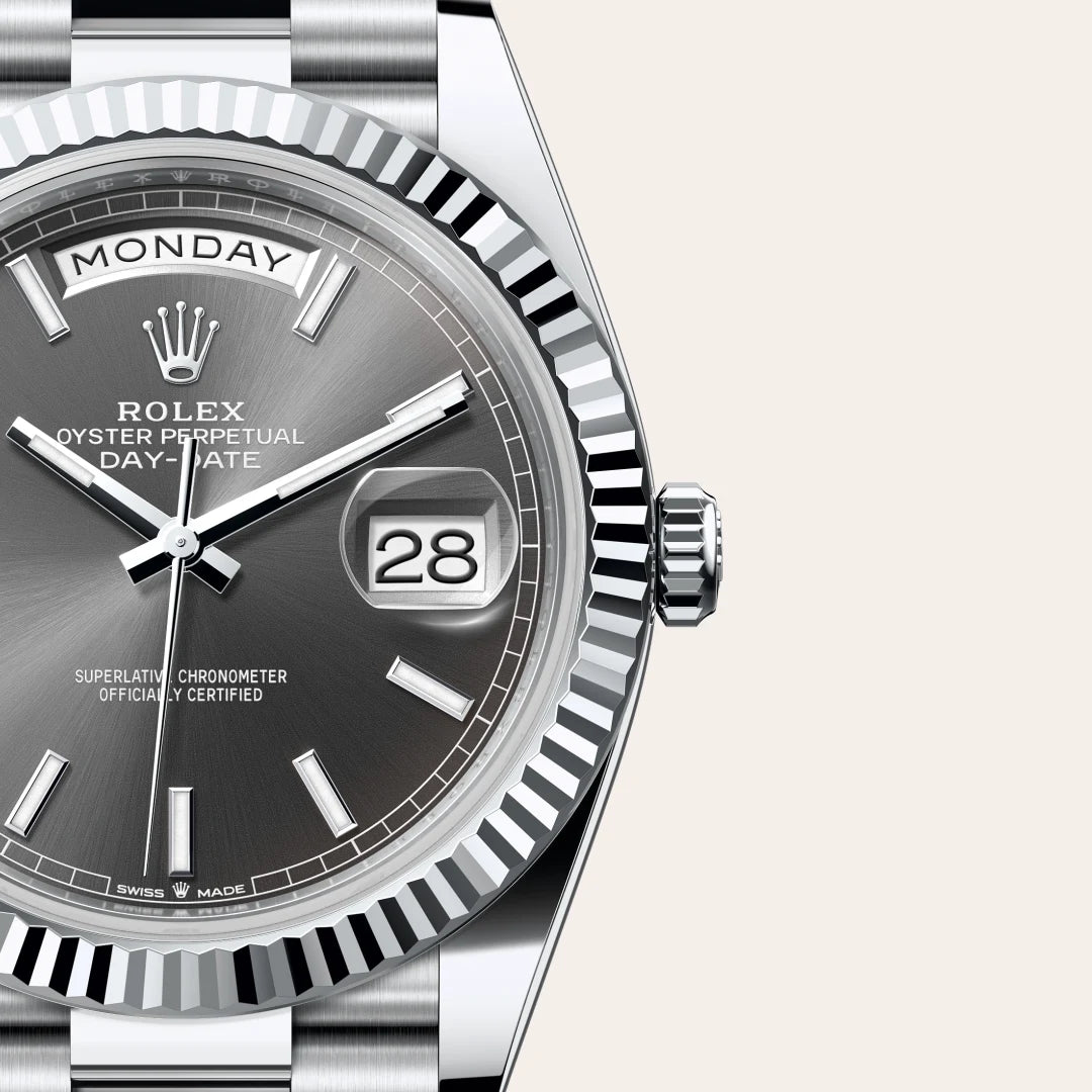 Rolex Day-Date 40 in Platinum with a Slate dial, Fluted bezel, President, semi-circular three-piece links bracelet