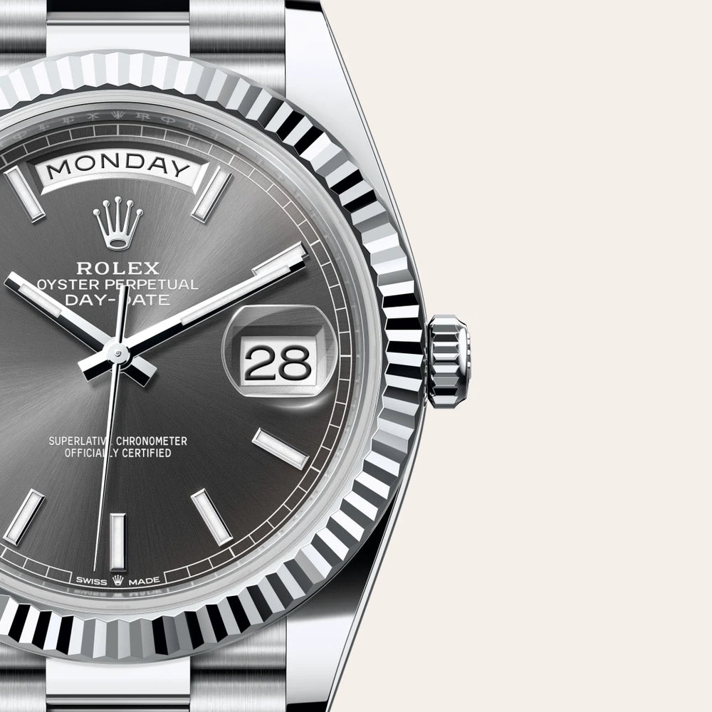 Rolex Day-Date 40 in Platinum with a Slate dial, Fluted bezel, President, semi-circular three-piece links bracelet