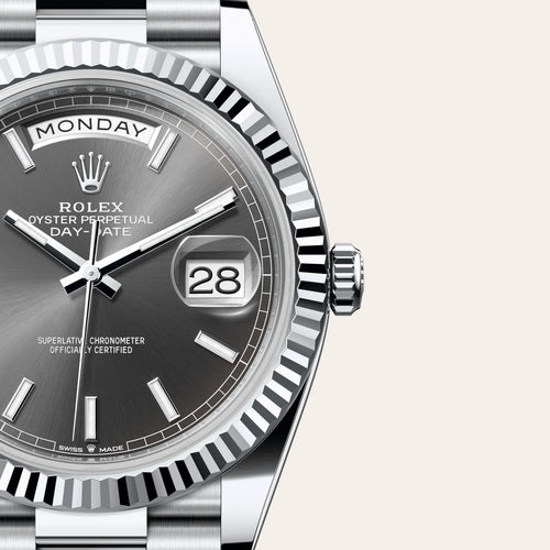 Rolex Day-Date 40 in Platinum with a Slate dial, Fluted bezel, President, semi-circular three-piece links bracelet