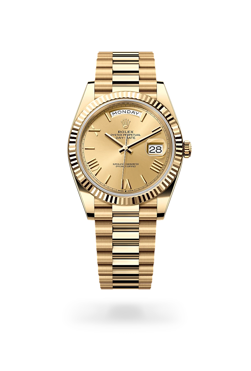 Rolex Day-Date 40 in 18 ct yellow gold with a Champagne-colour dial, Fluted bezel, President, semi-circular three-piece links bracelet