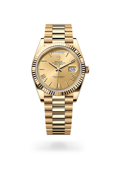 Rolex Day-Date 40 in 18 ct yellow gold with a Champagne-colour dial, Fluted bezel, President, semi-circular three-piece links bracelet