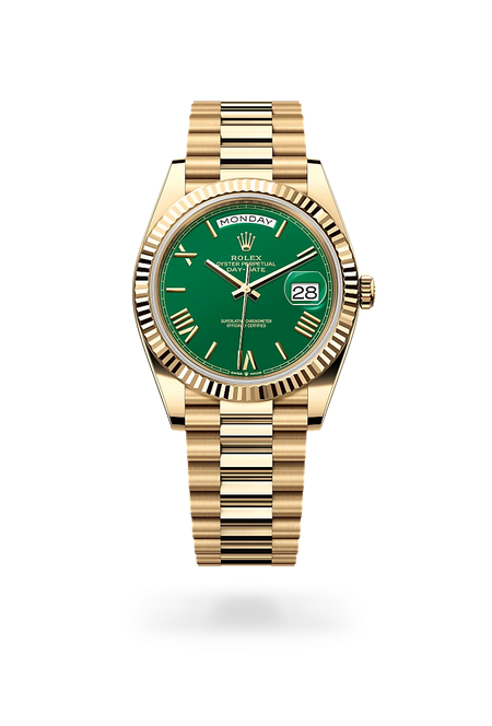 Rolex Day-Date 40 in 18 ct yellow gold with a Green dial, Fluted bezel, President, semi-circular three-piece links bracelet