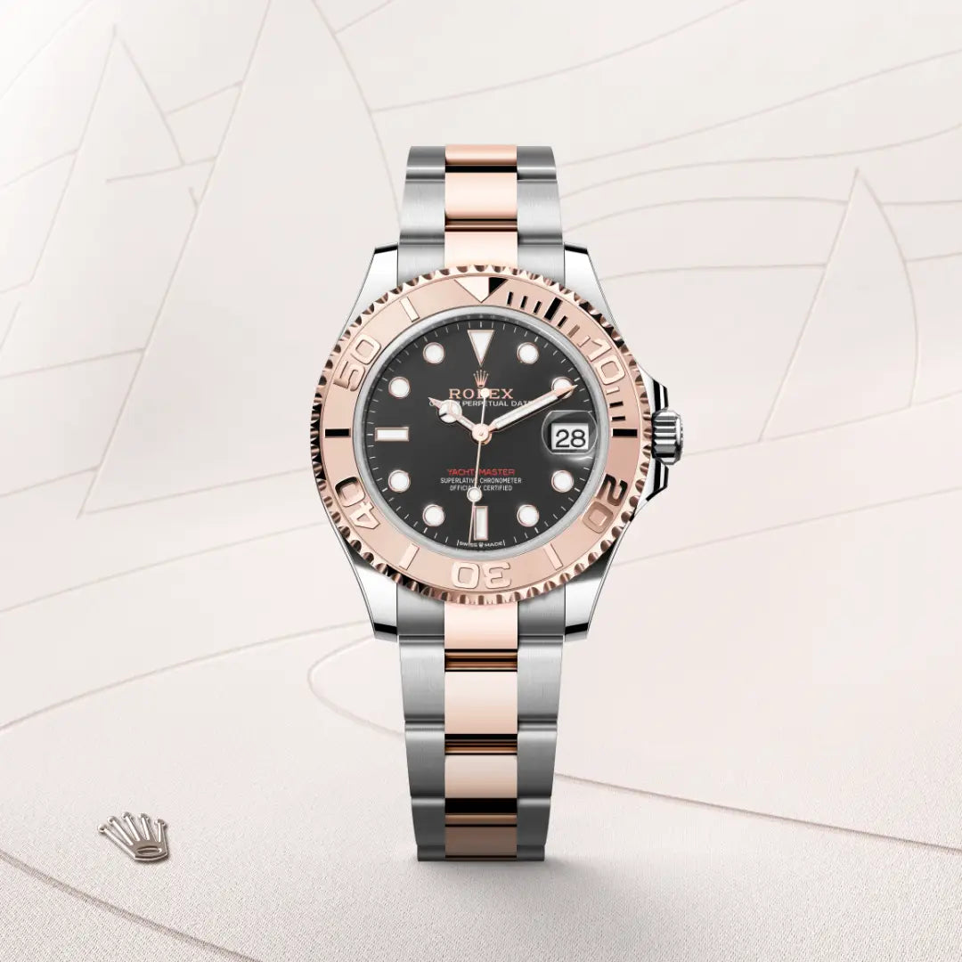 Rolex Yacht-Master 37 in Everose Rolesor - combination of Oystersteel and Everose gold with a Intense black dial, Everose gold bidirectional rotatable 60-minute graduated with raised numerals bezel, Oyster, three-piece solid links bracelet