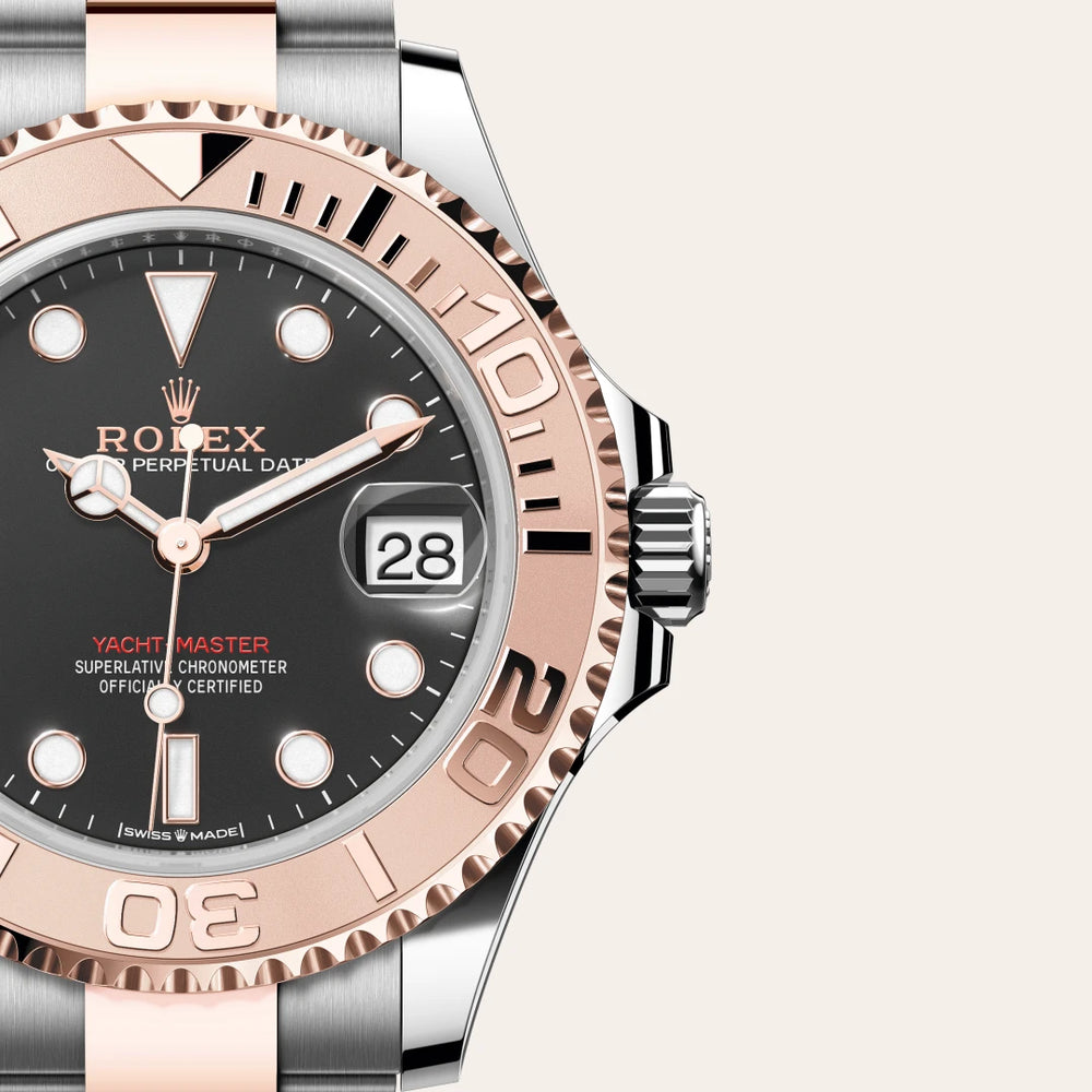 Rolex Yacht-Master 37 in Everose Rolesor - combination of Oystersteel and Everose gold with a Intense black dial, Everose gold bidirectional rotatable 60-minute graduated with raised numerals bezel, Oyster, three-piece solid links bracelet