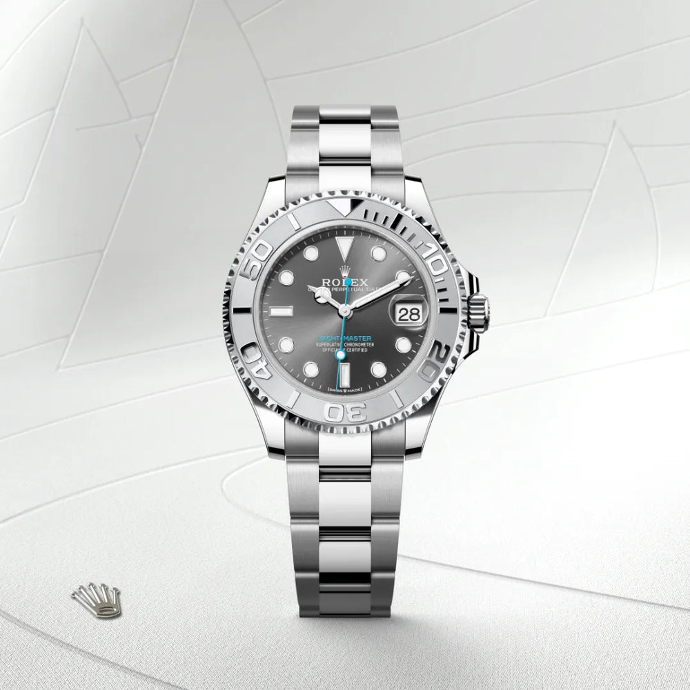 Rolex Yacht-Master 37 in Rolesium - combination of Oystersteel and platinum with a Slate dial, Platinum bidirectional rotatable 60-minute graduated with raised numerals bezel, Oyster, three-piece solid links bracelet